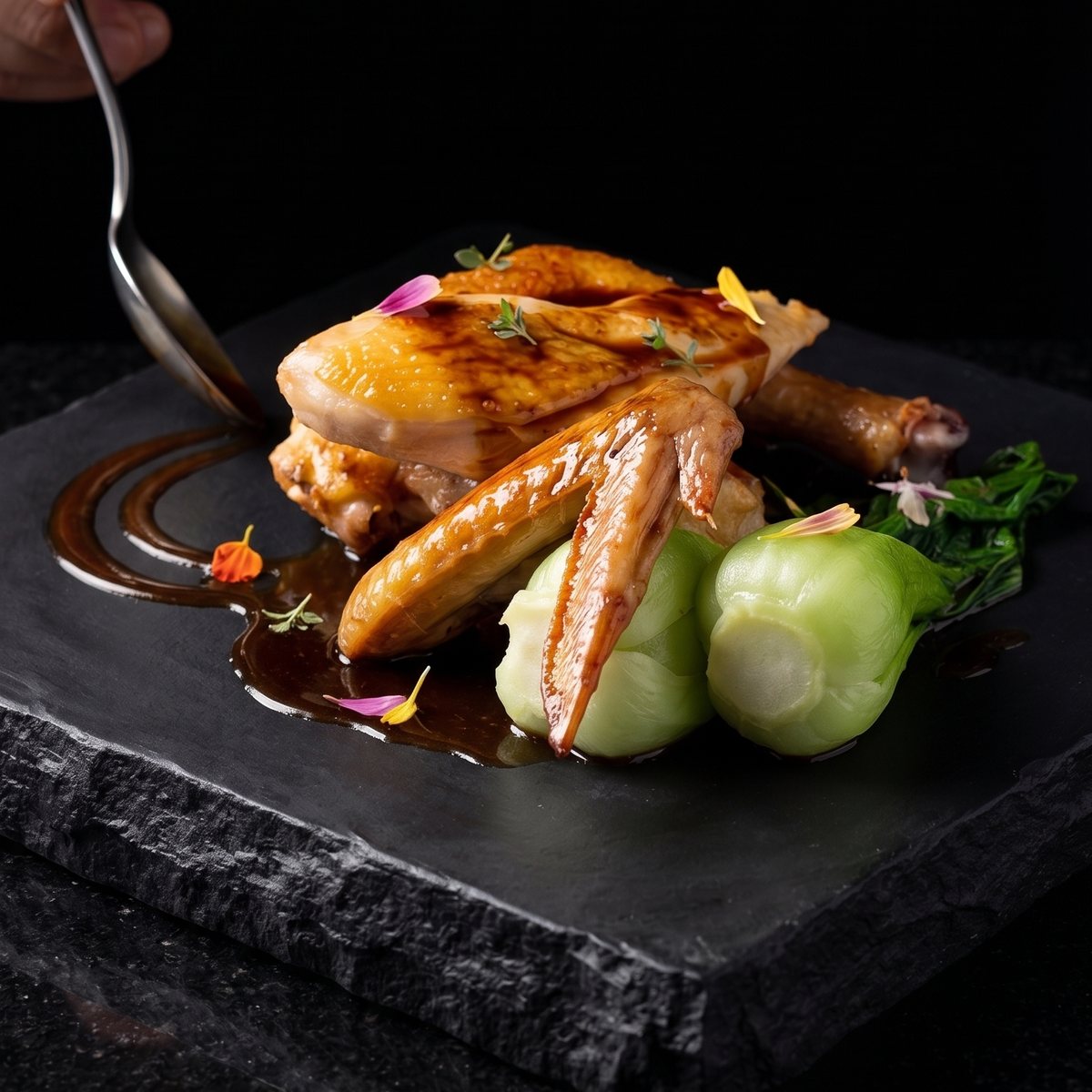 Glazed roast chicken on slate with pan jus, baby bok choy and edible flowers